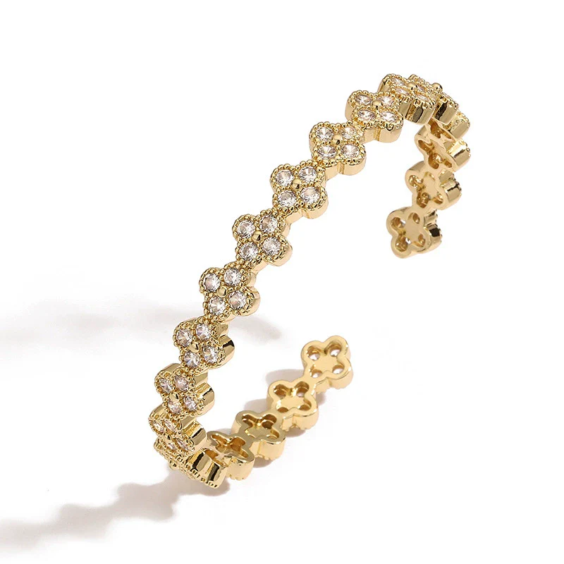 Light Luxury Copper Zirconia Four Leaf Clover Opening Adjustable Women's Bracelet - Image 6