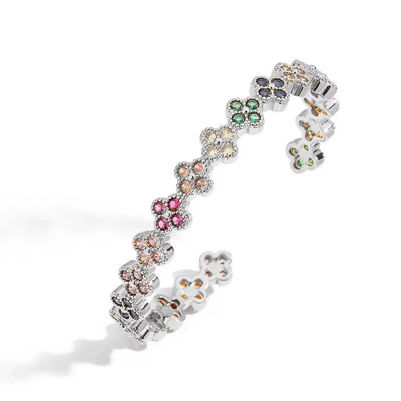 Light Luxury Copper Zirconia Four Leaf Clover Opening Adjustable Women's Bracelet - Image 9