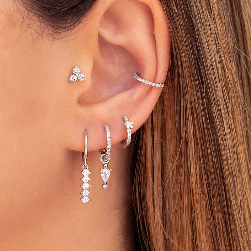 Light Luxury Style Dropshaped Clover Copper Goldplated Zircon Earrings Set For Women