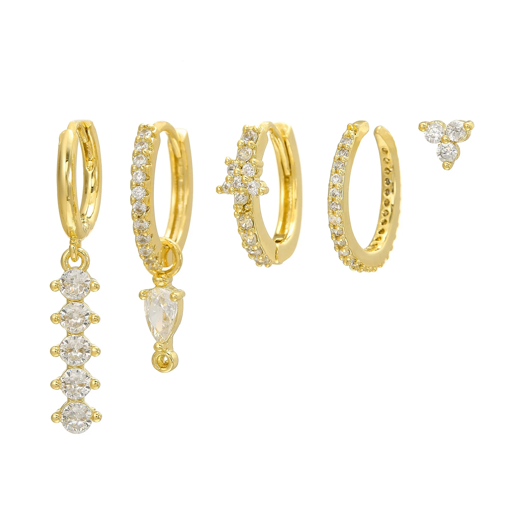 Light Luxury Style Dropshaped Clover Copper Goldplated Zircon Earrings Set For Women - Image 5