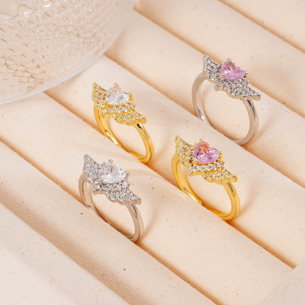 Light Luxury Women's Copper Ring Inlaid With Zircon Wing Heart Shape Electroplated