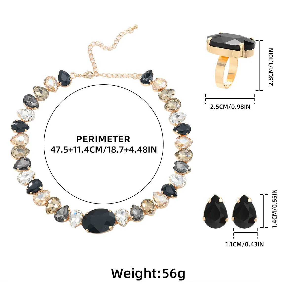 Light Luxury Women's Rhinestone Jewelry Set Necklace Earrings Ring With Inlay Design - Image 4