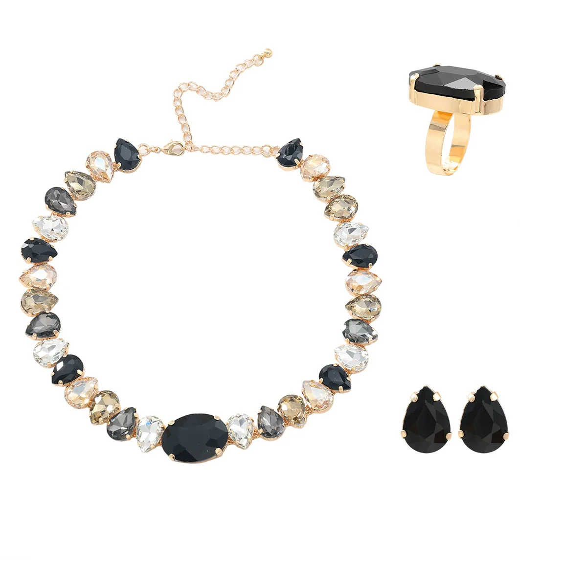 Light Luxury Women's Rhinestone Jewelry Set Necklace Earrings Ring With Inlay Design - Image 5