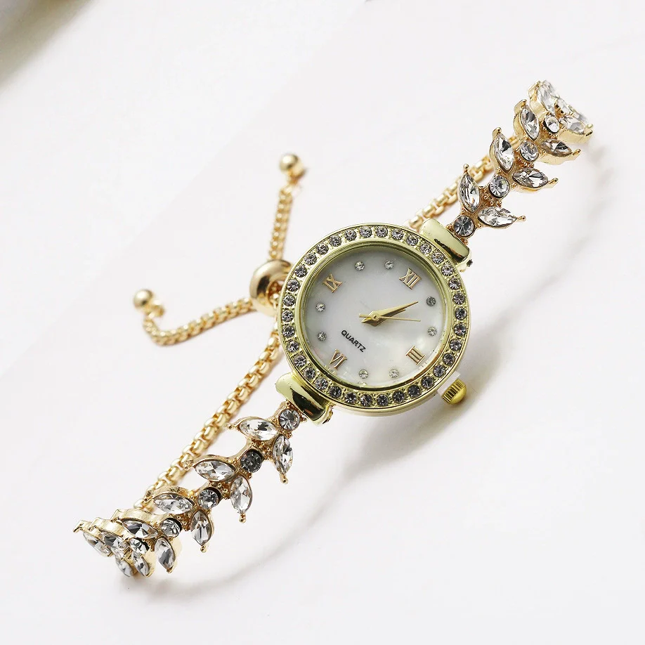Luxury Rhinestone Adjustable Women's Watch Strap Bracelet Stainless Steel And Alloy Material Round Shape Leisure Style