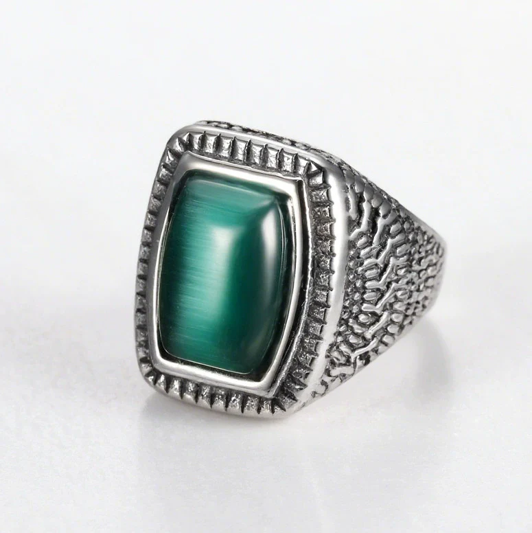 Luxury Simple Jewelry Titanium Steel Ring With Emerald Opal For Unisex Oil Treatment - Image 6