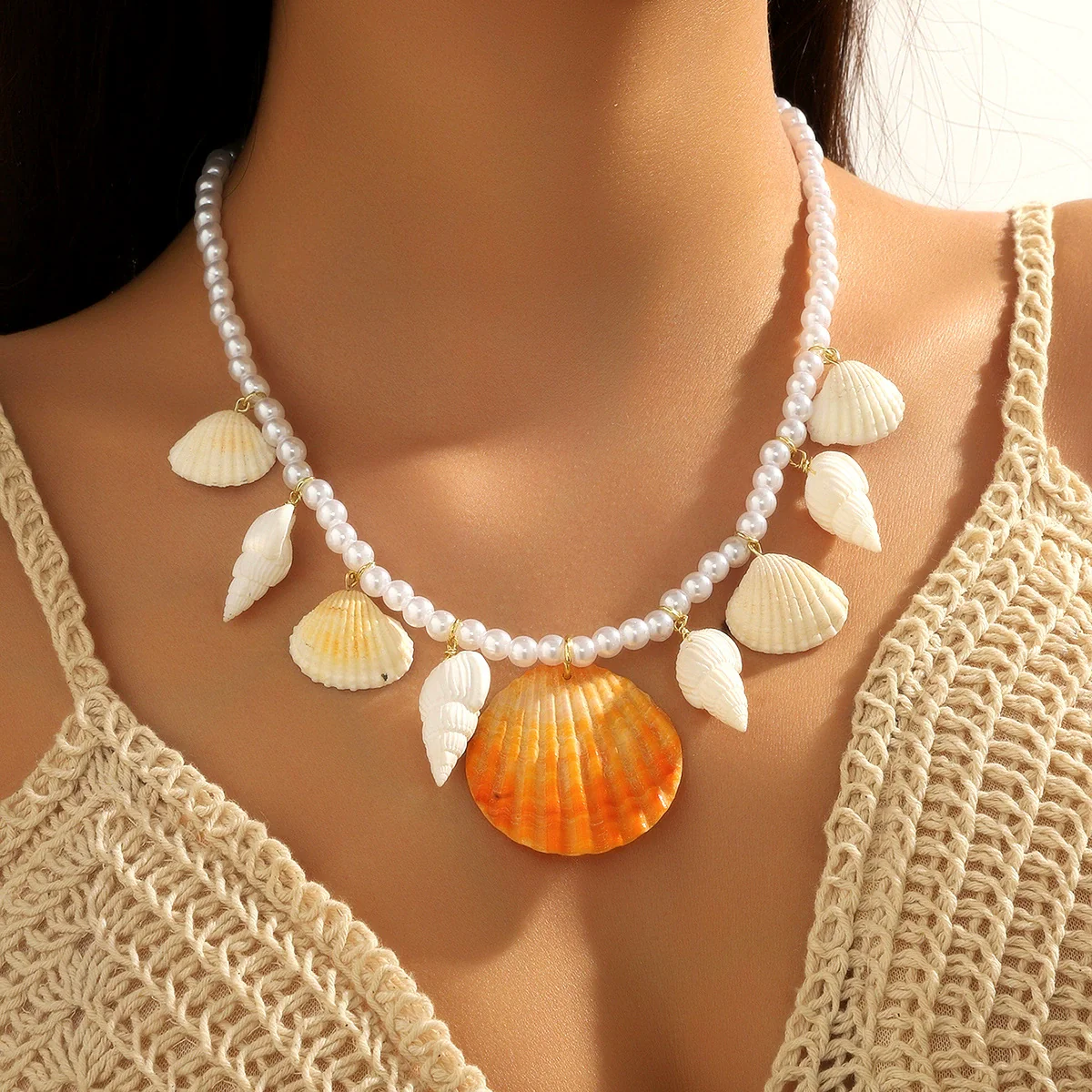 Marine Series Shell And Rice Beads Handmade Geometric Necklace - Image 2