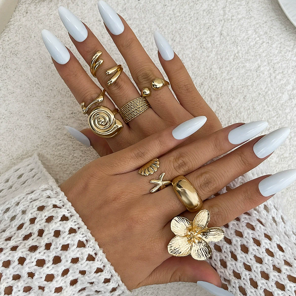 Marine Wind Conch Shell Ring Metal Flower Geometric Electroplated For Women