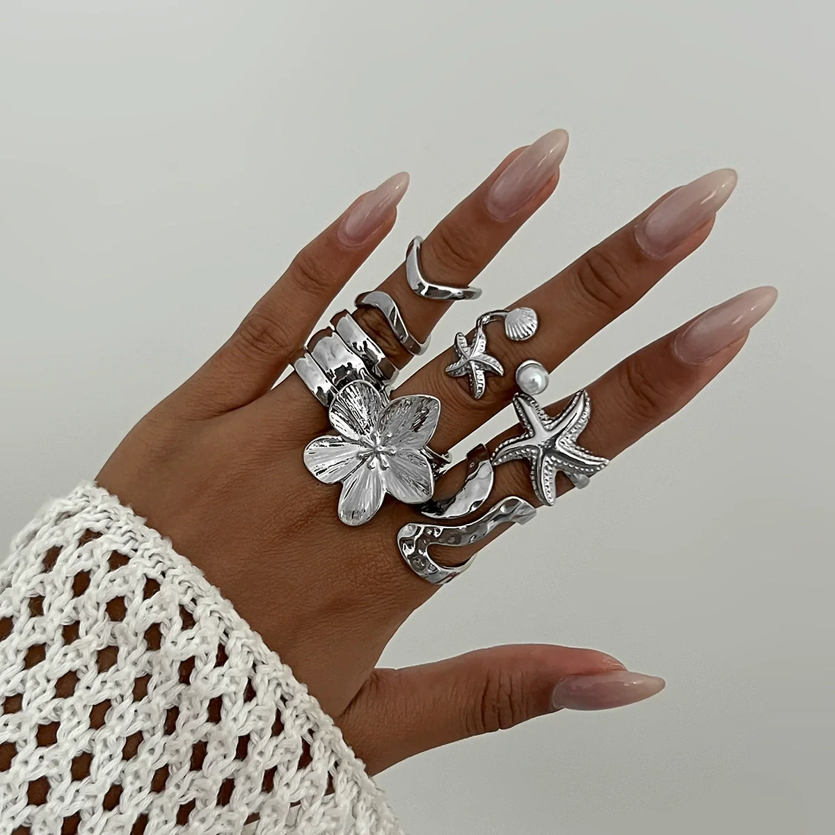 Marine Wind Conch Shell Ring Metal Flower Geometric Electroplated For Women - Image 10