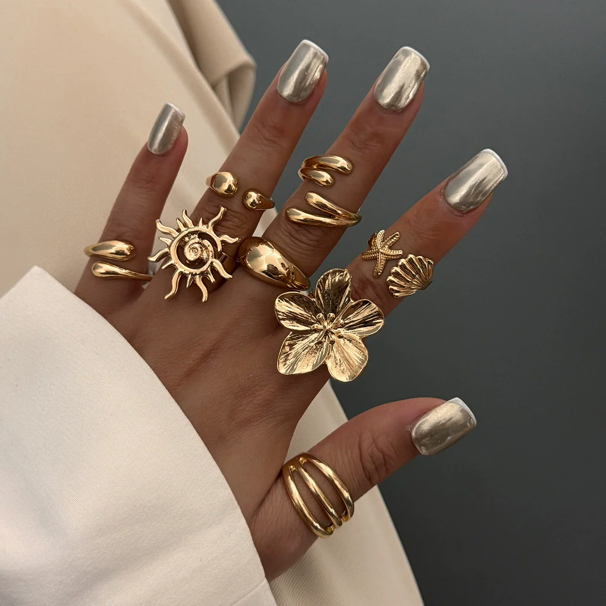 Marine Wind Conch Shell Ring Metal Flower Geometric Electroplated For Women - Image 2