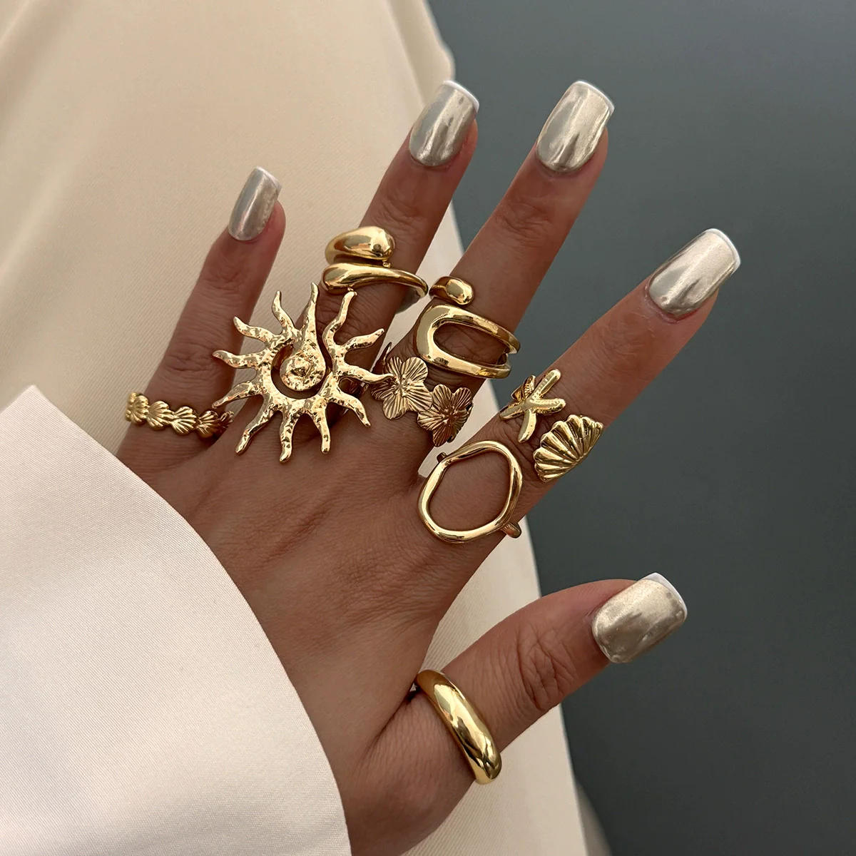 Marine Wind Conch Shell Ring Metal Flower Geometric Electroplated For Women - Image 3
