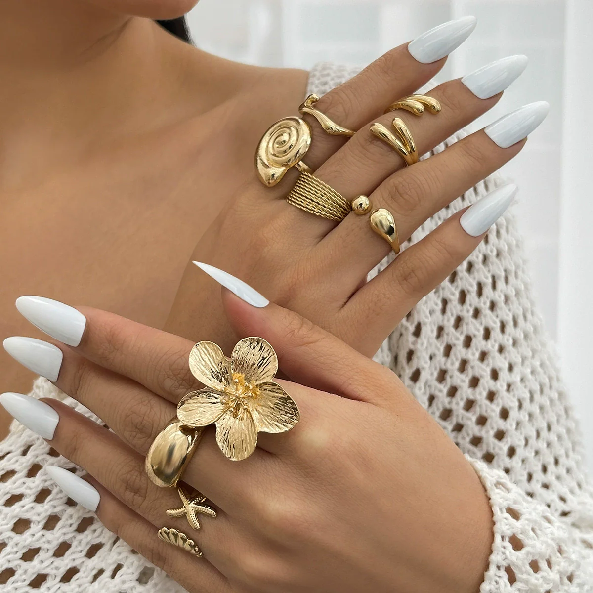 Marine Wind Conch Shell Ring Metal Flower Geometric Electroplated For Women - Image 6