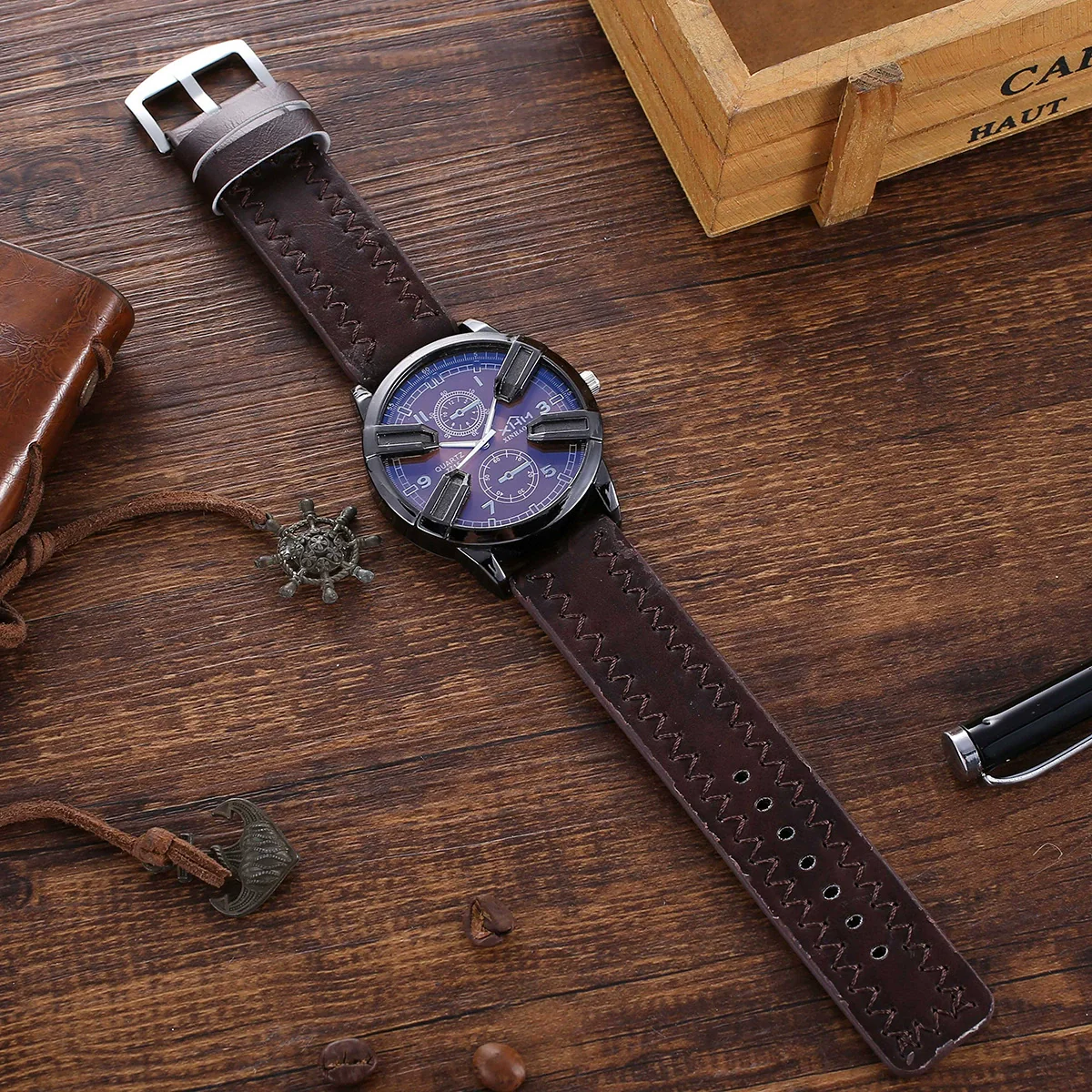 Men's 6 Pieces Set With Watch Belt Pen Necklace Perfume Charging Treasure Leather Modern And Simple Style - Image 2
