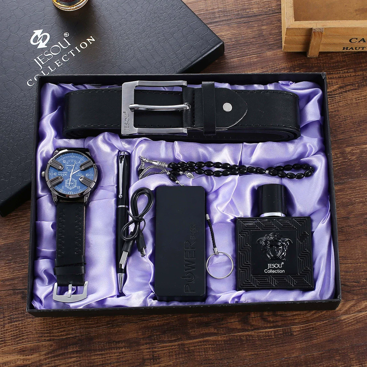 Men's 6 Pieces Set With Watch Belt Pen Necklace Perfume Charging Treasure Leather Modern And Simple Style - Image 6