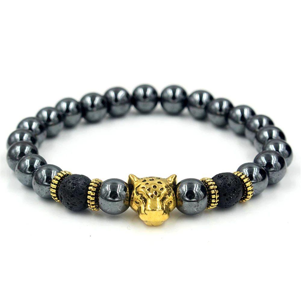 Men's Alloy And Blackstone Handmade Animals And Zodiac Style Bracelet With Lion Head Leopard Head Crown Owl Helmet Spacer And Volcanic Stone