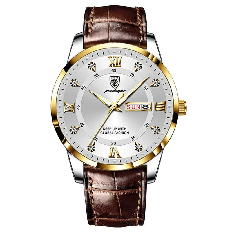 Men's Alloy And Genuine Leather Business Style Round Dial Luminous Double Calendar Quartz Watch With Sapphire Crystal Glass Mirror And Stainless Steel Buckle - Image 3