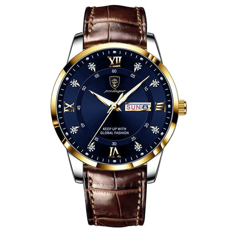 Men's Alloy And Genuine Leather Business Style Round Dial Luminous Double Calendar Quartz Watch With Sapphire Crystal Glass Mirror And Stainless Steel Buckle - Image 4