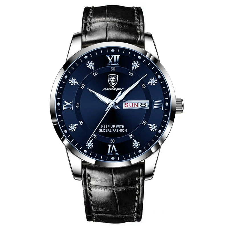Men's Alloy And Genuine Leather Business Style Round Dial Luminous Double Calendar Quartz Watch With Sapphire Crystal Glass Mirror And Stainless Steel Buckle - Image 7