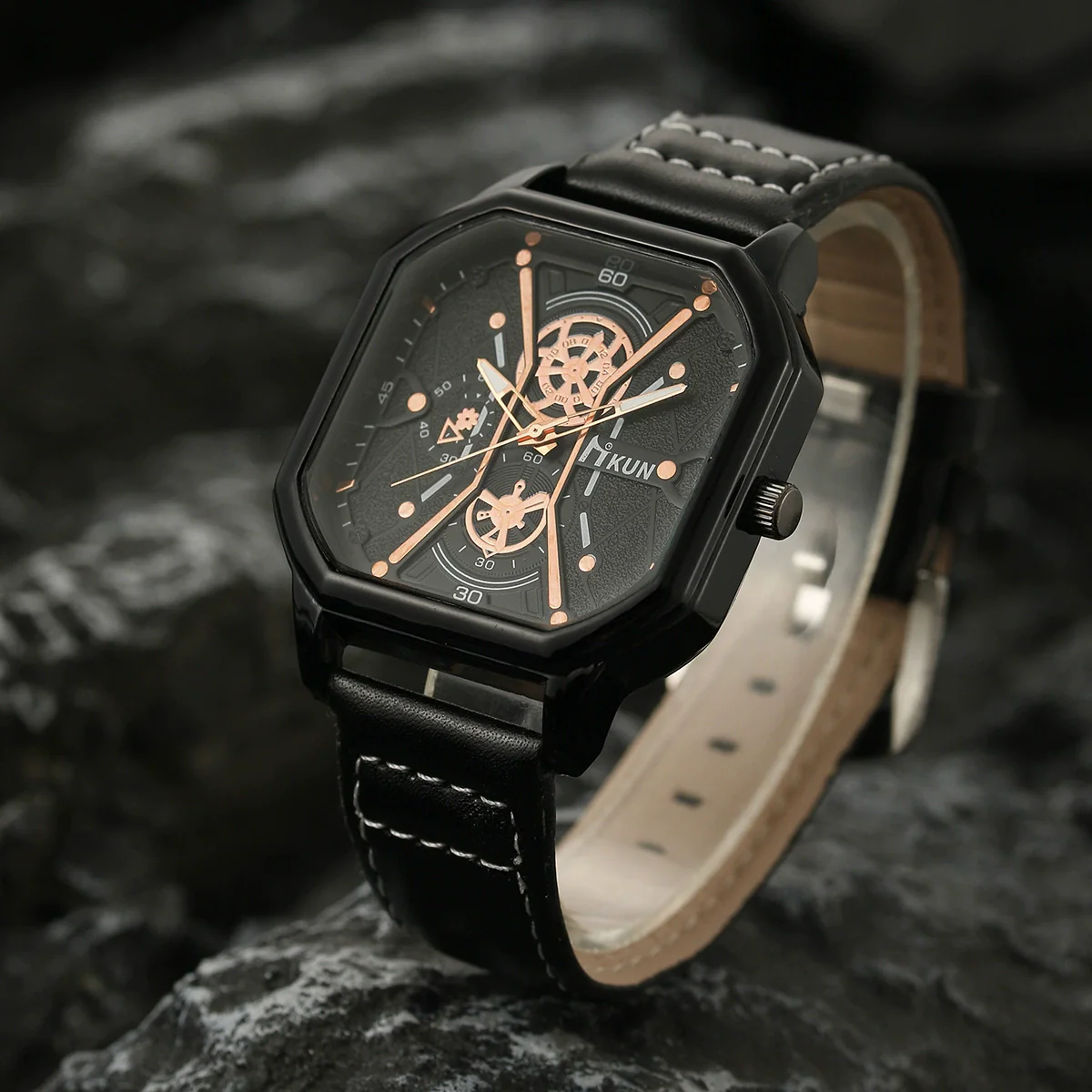Men's Alloy And Imitation Leather Square Double Layer Shell Sports Casual Bracelet Set Quartz Watch - Image 3