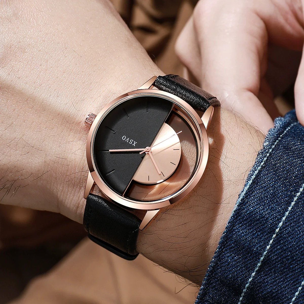 Men's Alloy And Pu Watch With Hollow Design And Round Shape - Image 7