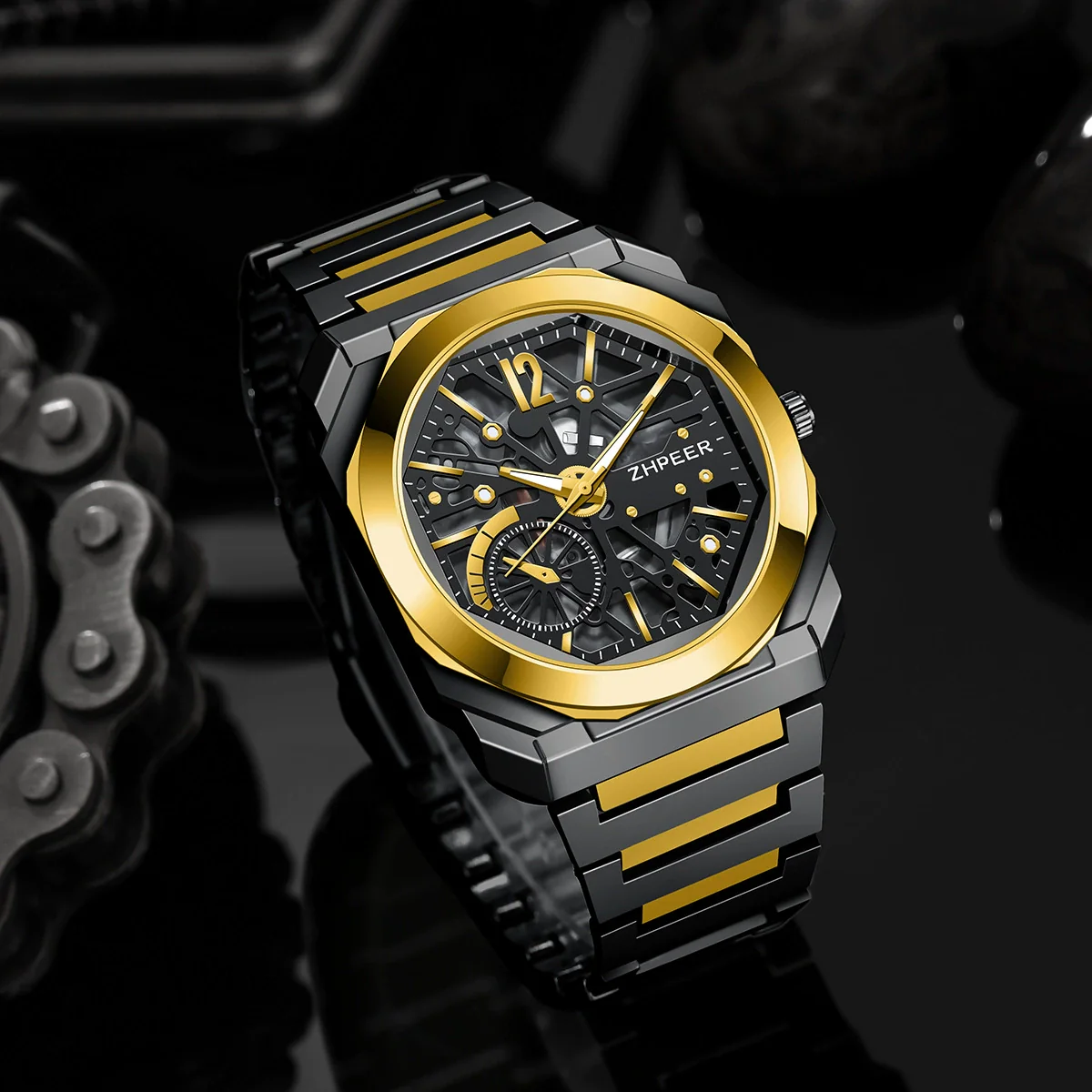 Men's Alloy And Stainless Steel Band Round Dial Sports Mechanical Quartz Watch