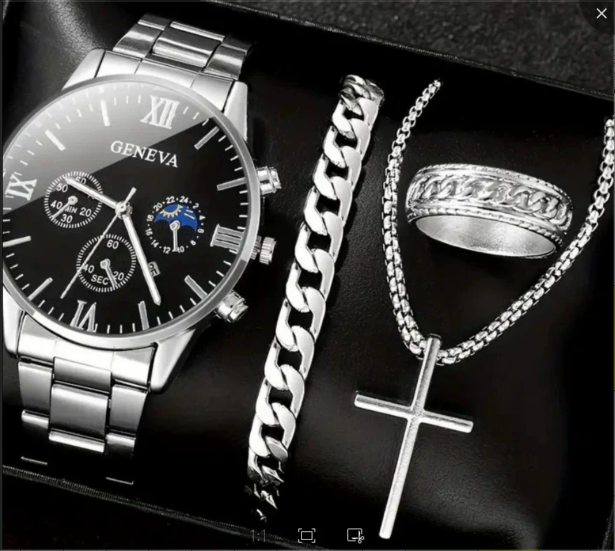 Men's Alloy And Stainless Steel Business Style Round Dial Quartz Watch And Ring Cross Necklace Bracelet - Image 10