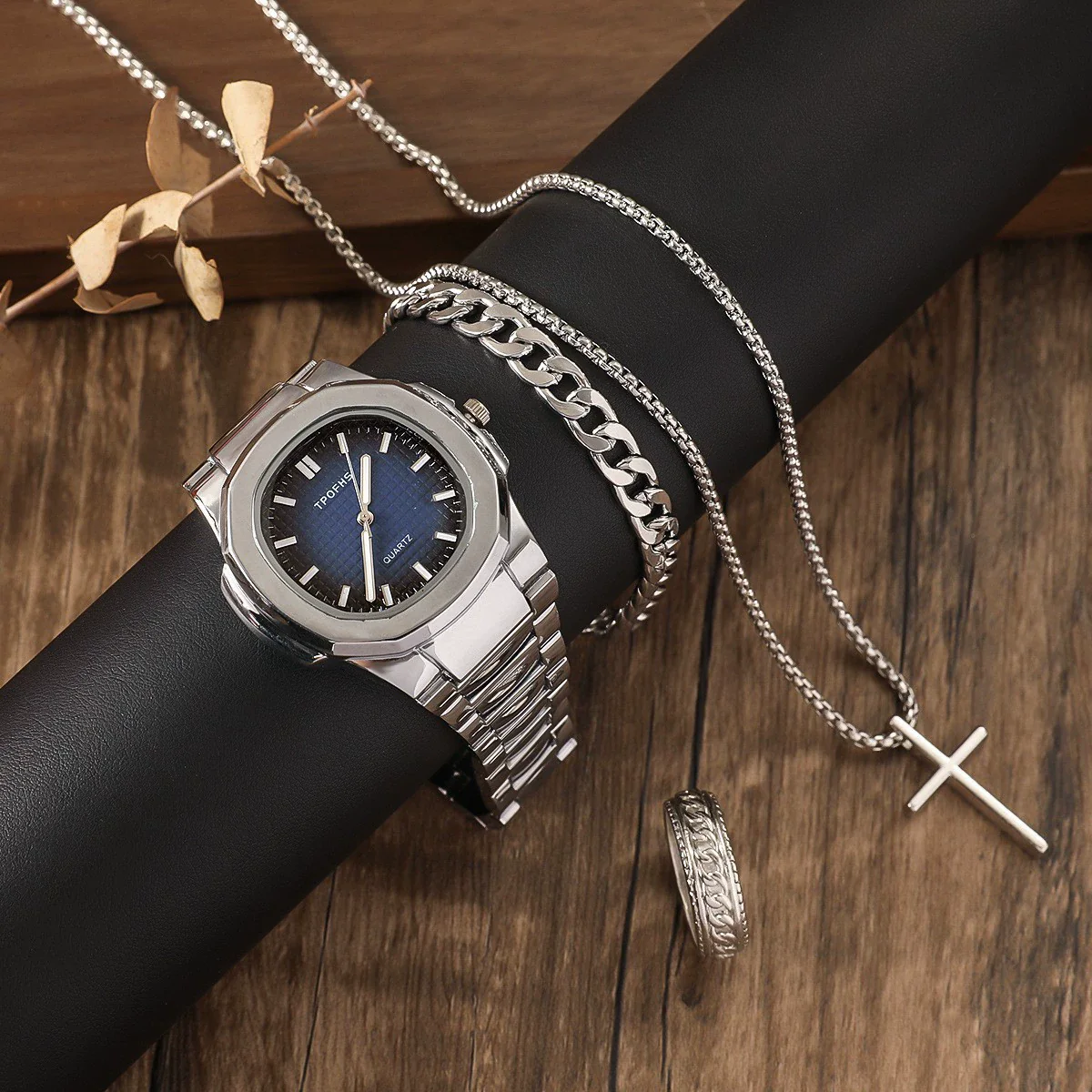 Men's Alloy And Stainless Steel Business Style Round Dial Quartz Watch And Ring Cross Necklace Bracelet - Image 12