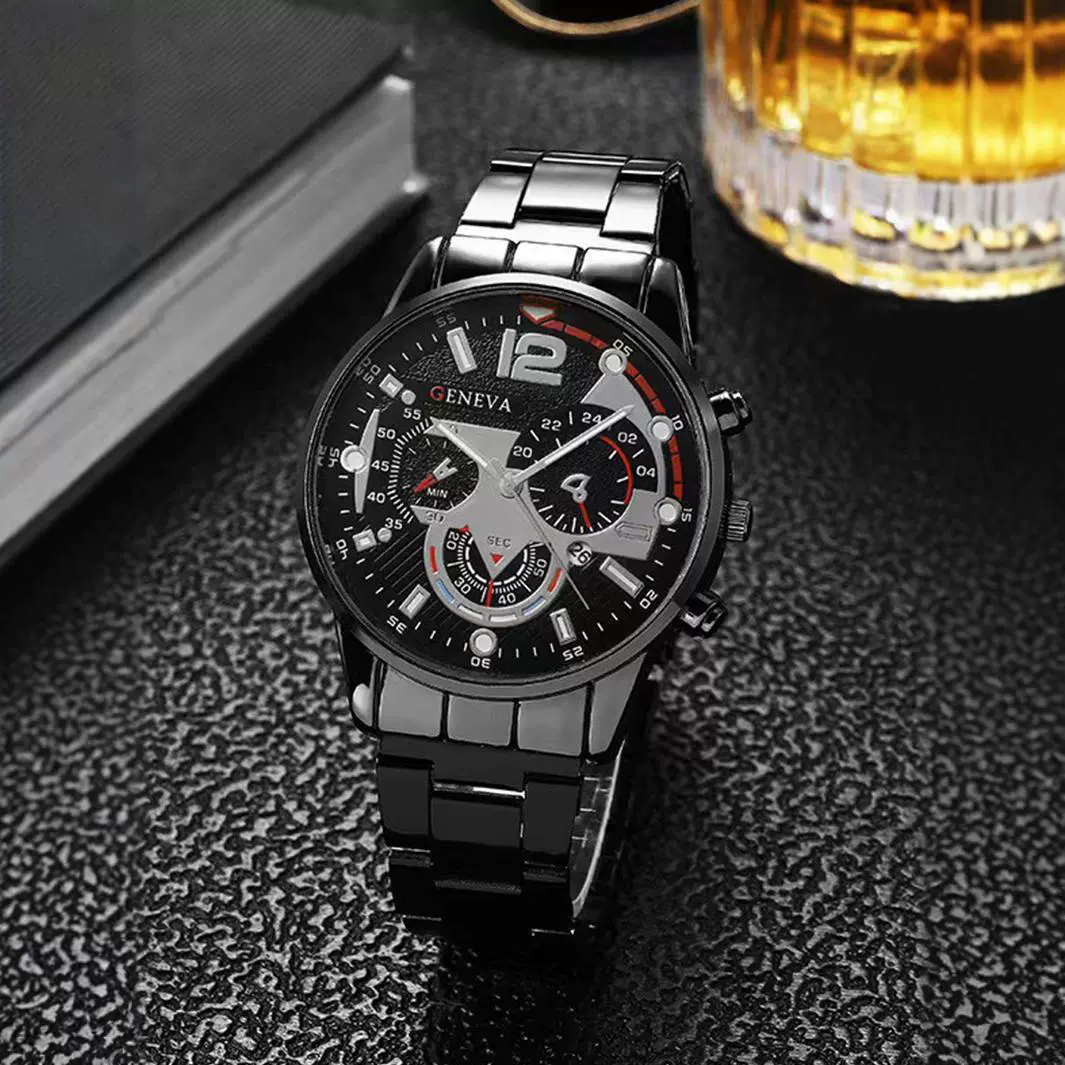 Men's Alloy And Stainless Steel Business Style Round Dial Quartz Watch And Ring Cross Necklace Bracelet - Image 3