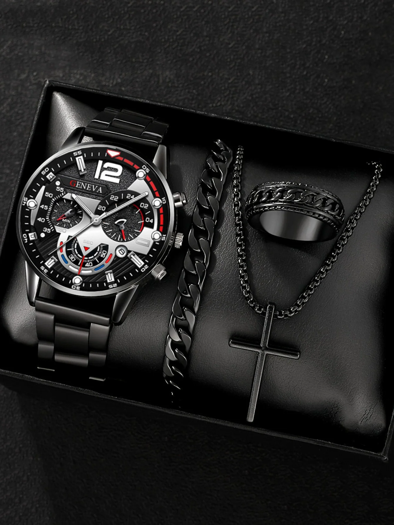 Men's Alloy And Stainless Steel Business Style Round Dial Quartz Watch And Ring Cross Necklace Bracelet - Image 5