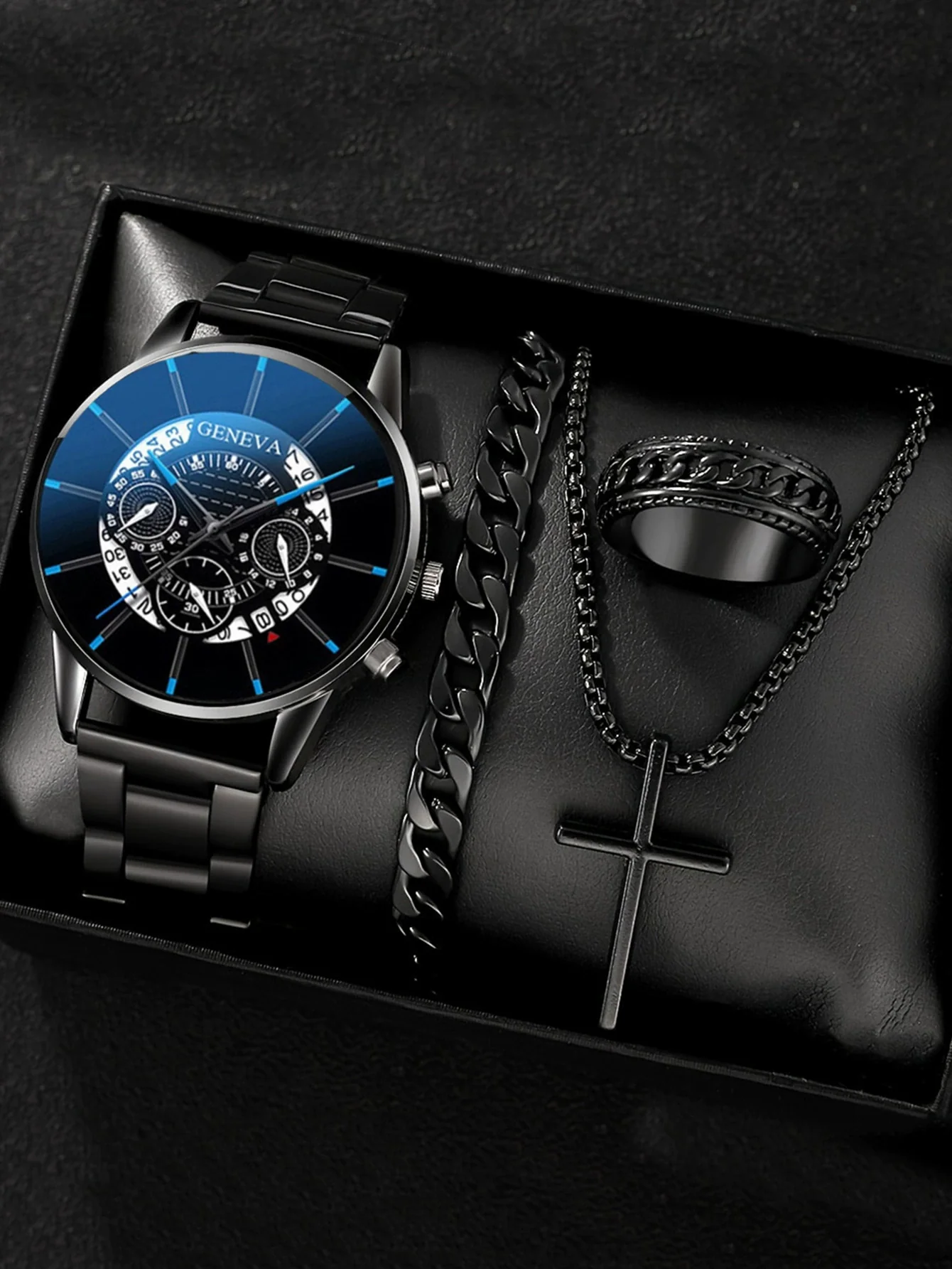 Men's Alloy And Stainless Steel Business Style Round Dial Quartz Watch And Ring Cross Necklace Bracelet - Image 6