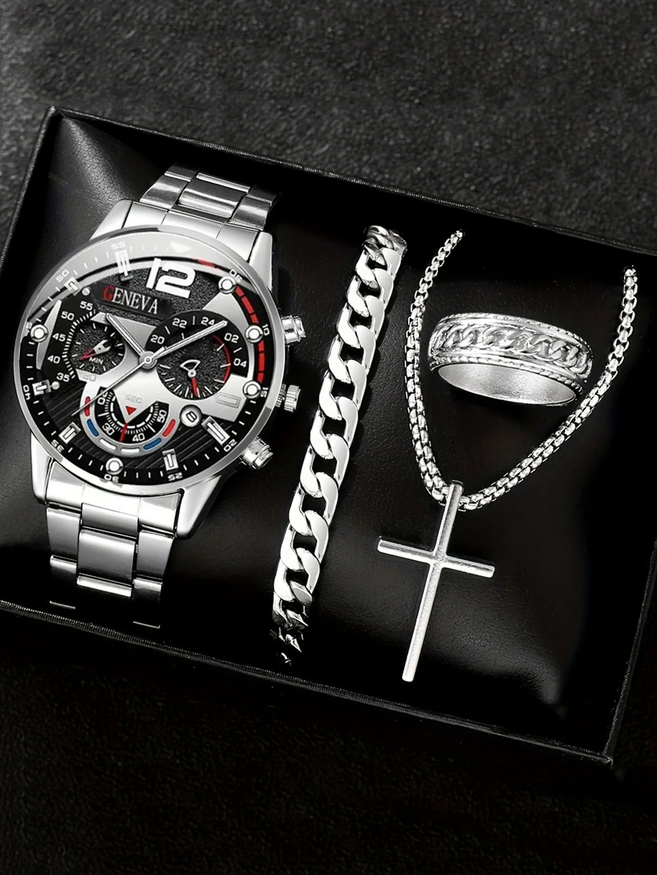 Men's Alloy And Stainless Steel Business Style Round Dial Quartz Watch And Ring Cross Necklace Bracelet - Image 7