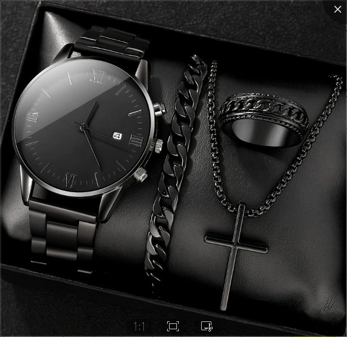 Men's Alloy And Stainless Steel Business Style Round Dial Quartz Watch And Ring Cross Necklace Bracelet - Image 8