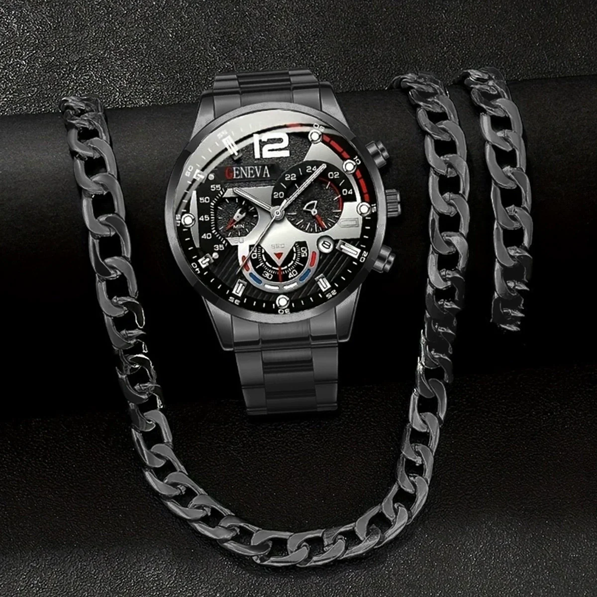 Men's Alloy And Stainless Steel Business Style Round Dial Quartz Watch And Ring Cross Necklace Bracelet - Image 9