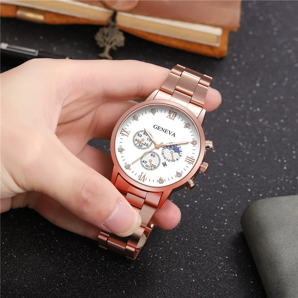 Men's Alloy Band Business Style Round Dial Quartz Watch With Sun Moon And Stars And Roman Numerals - Image 2