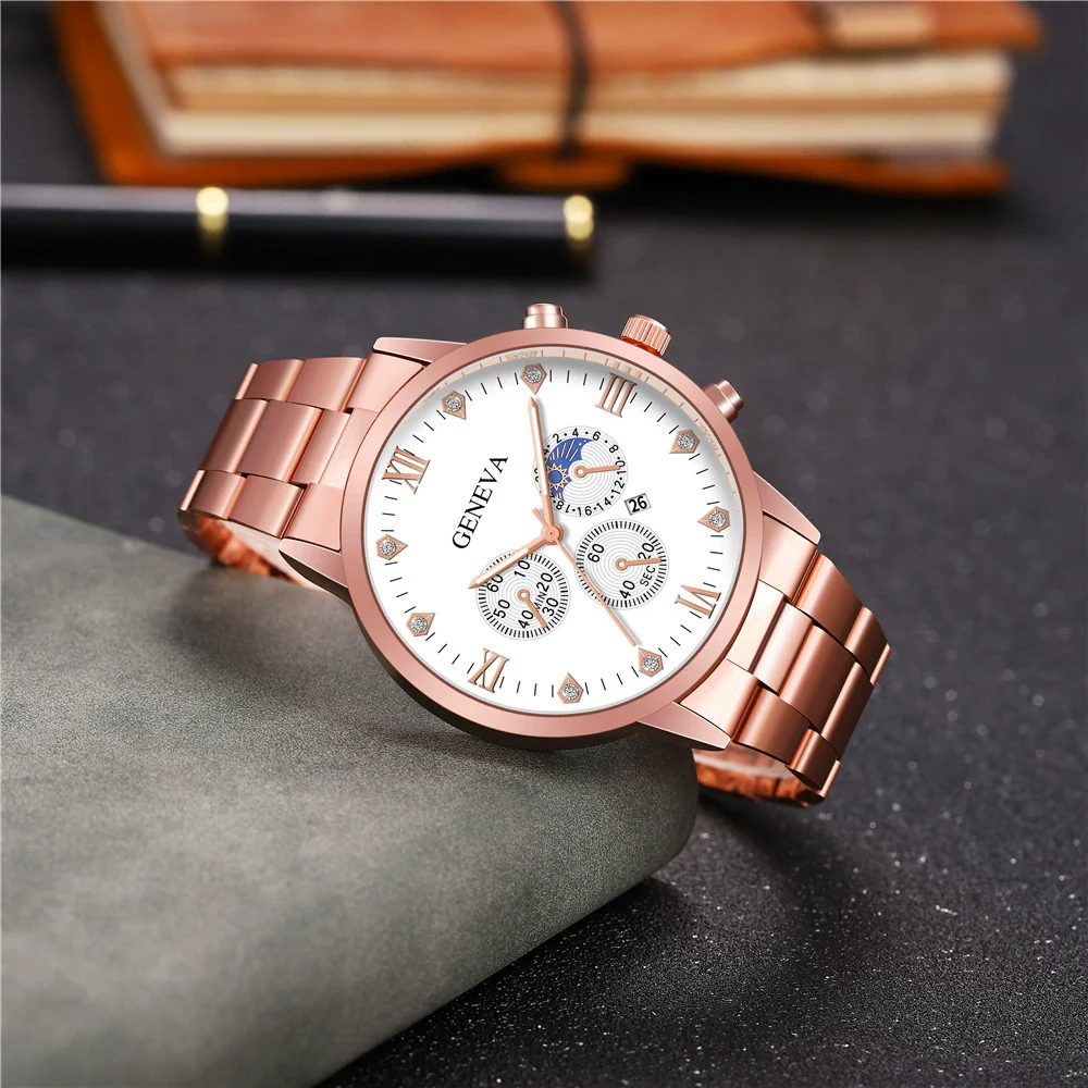 Men's Alloy Band Business Style Round Dial Quartz Watch With Sun Moon And Stars And Roman Numerals - Image 3
