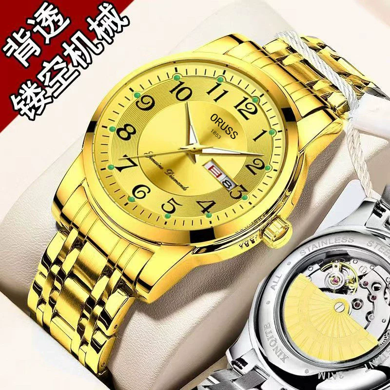 Men's Alloy Band Round Dial Fashion Trend Automatic Fake Mechanical Waterproof Luminous Double Calendar Watch - Image 5