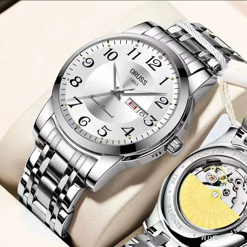 Men's Alloy Band Round Dial Fashion Trend Automatic Fake Mechanical Waterproof Luminous Double Calendar Watch - Image 6