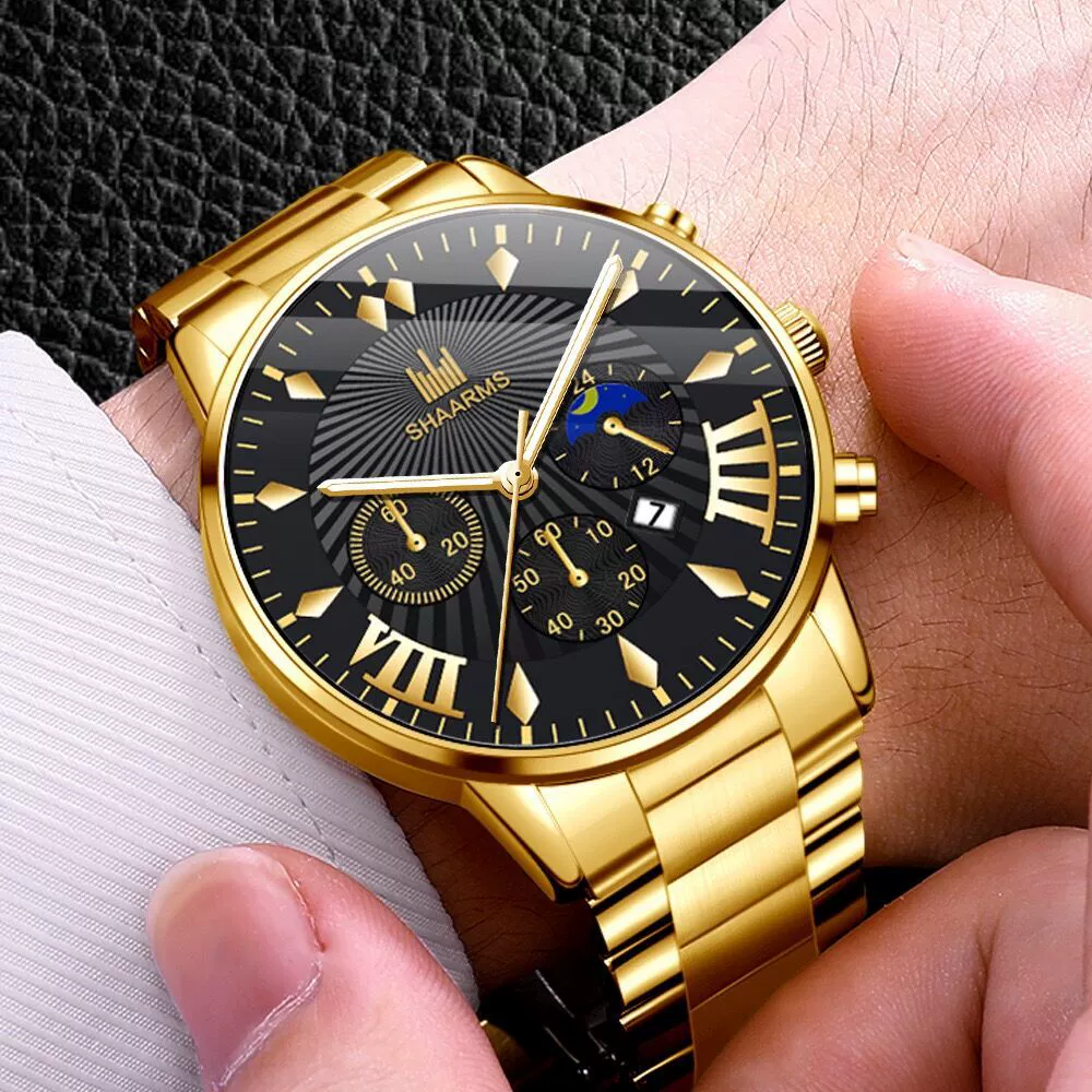 Men's Alloy Belt Casual Nonmechanical Calendar Watch With Round Dial And Printed Logo - Image 2