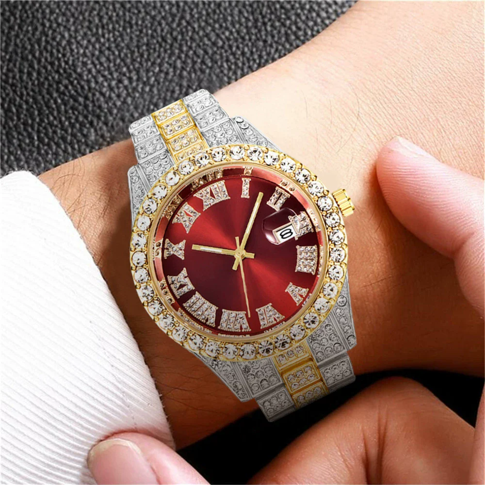 Men's Alloy Belt Quartz Watch Hiphop Business Style Round Dial With Calendar And Full Diamond Design