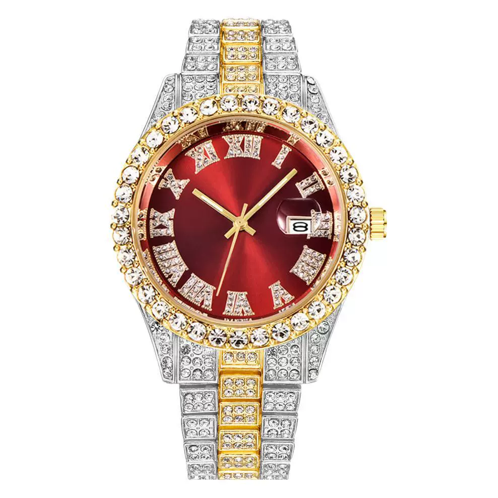 Men's Alloy Belt Quartz Watch Hiphop Business Style Round Dial With Calendar And Full Diamond Design - Image 5