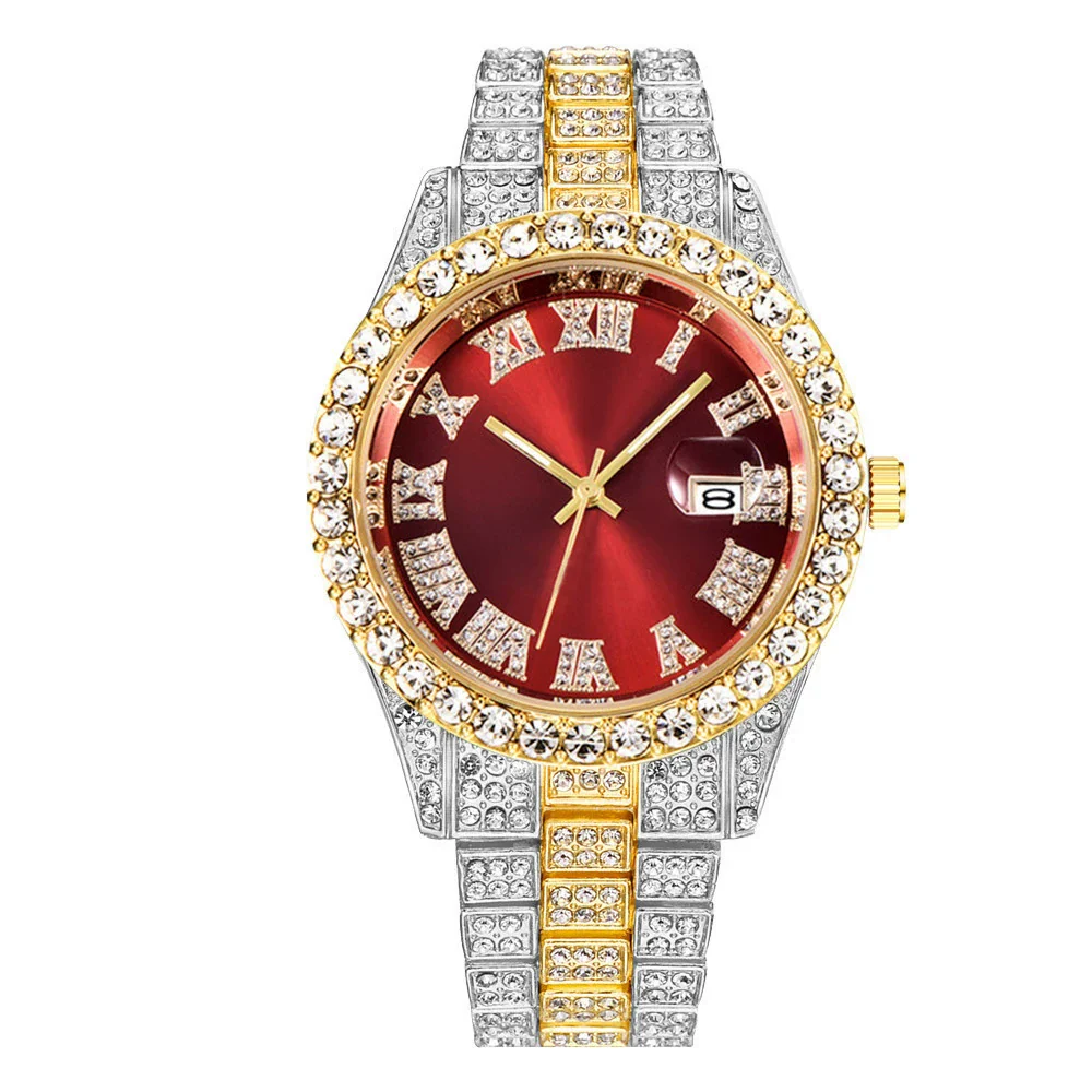 Men's Alloy Belt Quartz Watch Hiphop Business Style Round Dial With Calendar And Full Diamond Design - Image 6