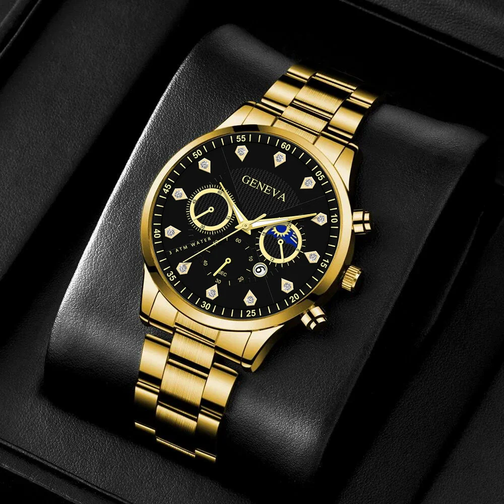 Men's Alloy Belt Watch With Sun Moon Star Design Round Dial Business Style - Image 3