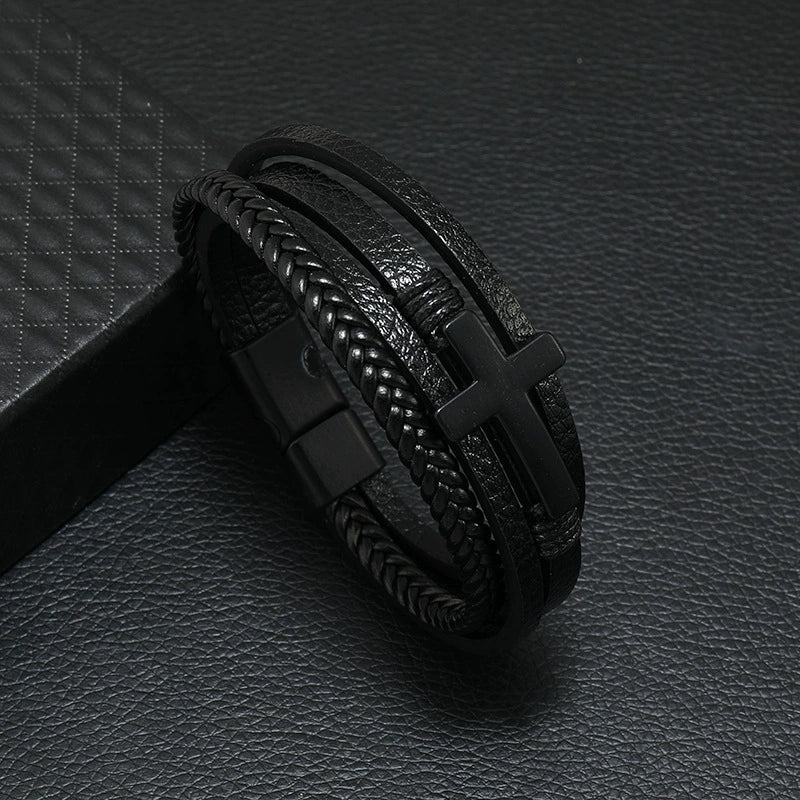 Men's Alloy Bracelet With Black Cross Geometric Pattern Handmade Woven Leather Magnetic Buckle - Image 3
