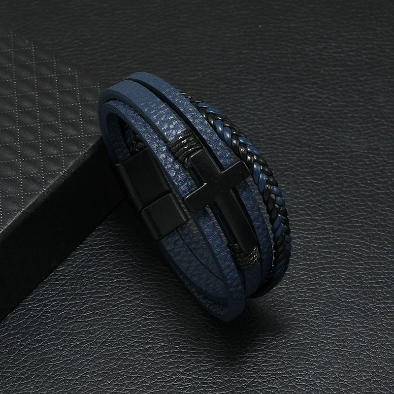 Men's Alloy Bracelet With Black Cross Geometric Pattern Handmade Woven Leather Magnetic Buckle - Image 4