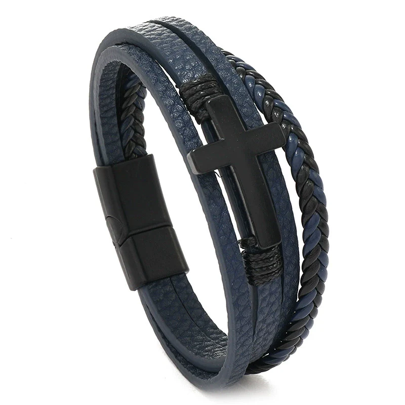 Men's Alloy Bracelet With Black Cross Geometric Pattern Handmade Woven Leather Magnetic Buckle - Image 5