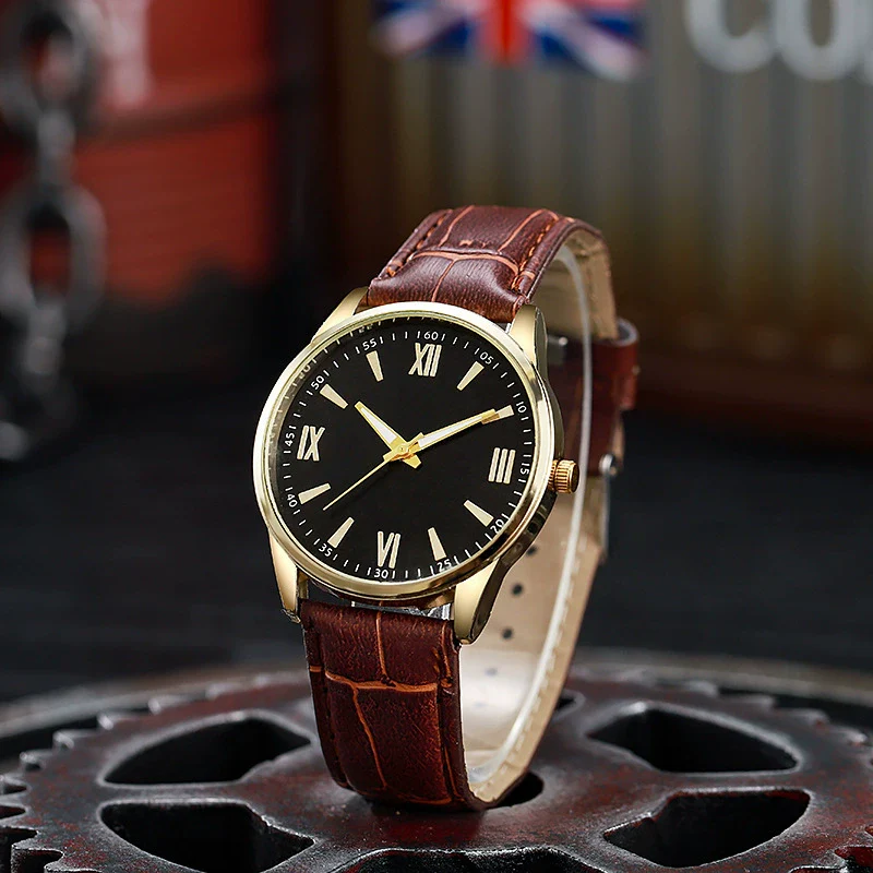 Men's Alloy Case Imitation Leather Strap Round Dial Quartz Watch With Sapphire Crystal Glass Mirror For Business
