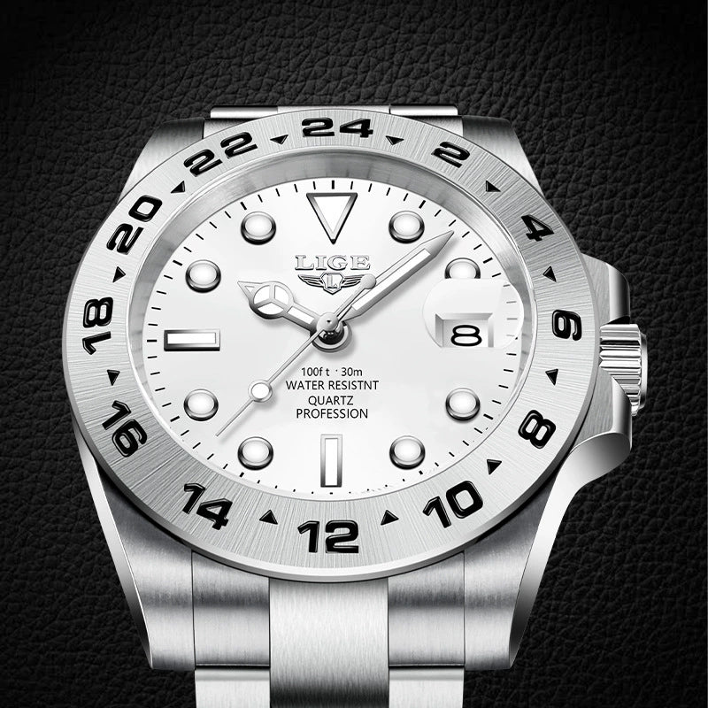Men's Alloy Case Stainless Steel Band Quartz Waterproof Business Style Round Dial Luminous Calendar Watch - Image 2