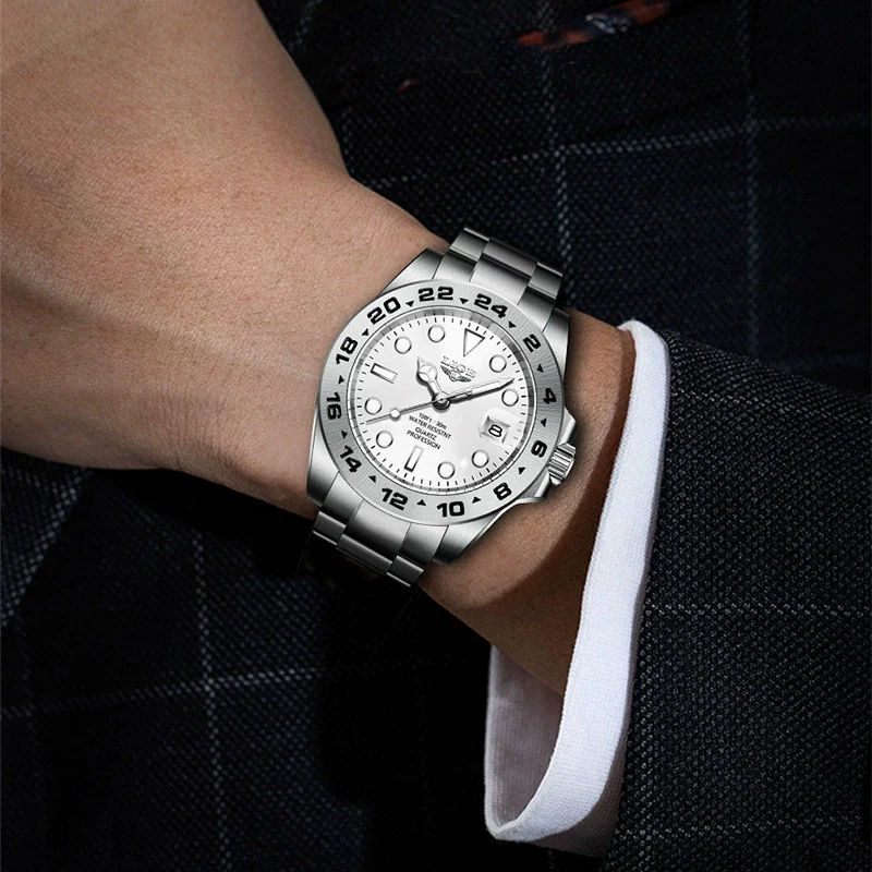 Men's Alloy Case Stainless Steel Band Quartz Waterproof Business Style Round Dial Luminous Calendar Watch - Image 3