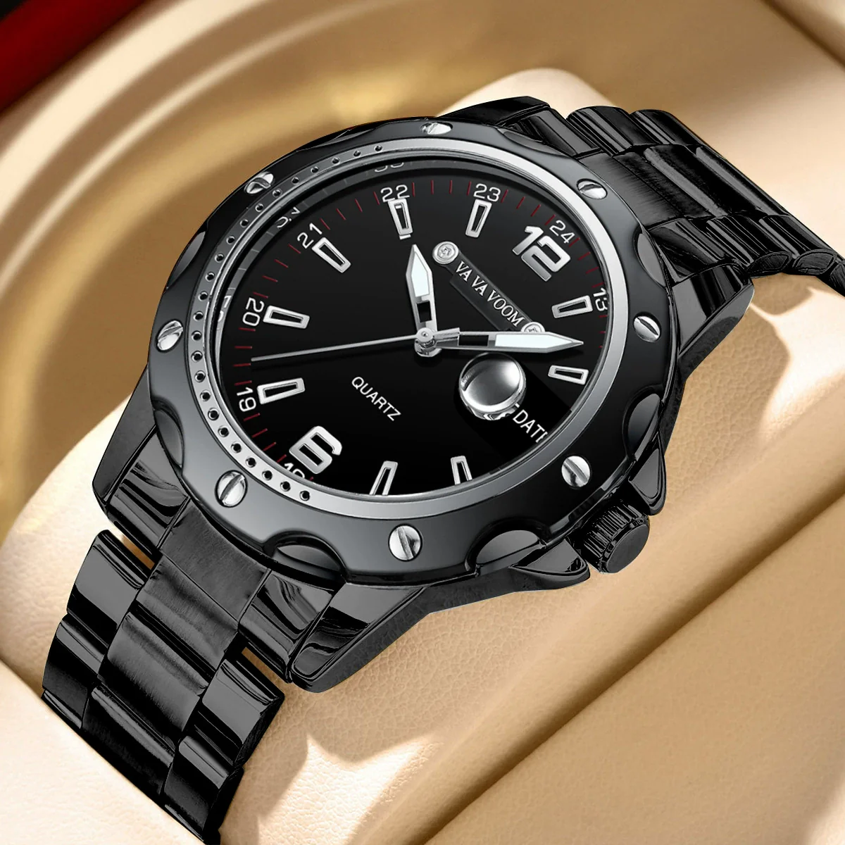 Men's Alloy Case Stainless Steel Belt Quartz Sports Watch With Magnifier Calendar Luminous Feature And Mineral Strengthened Glass Mirror