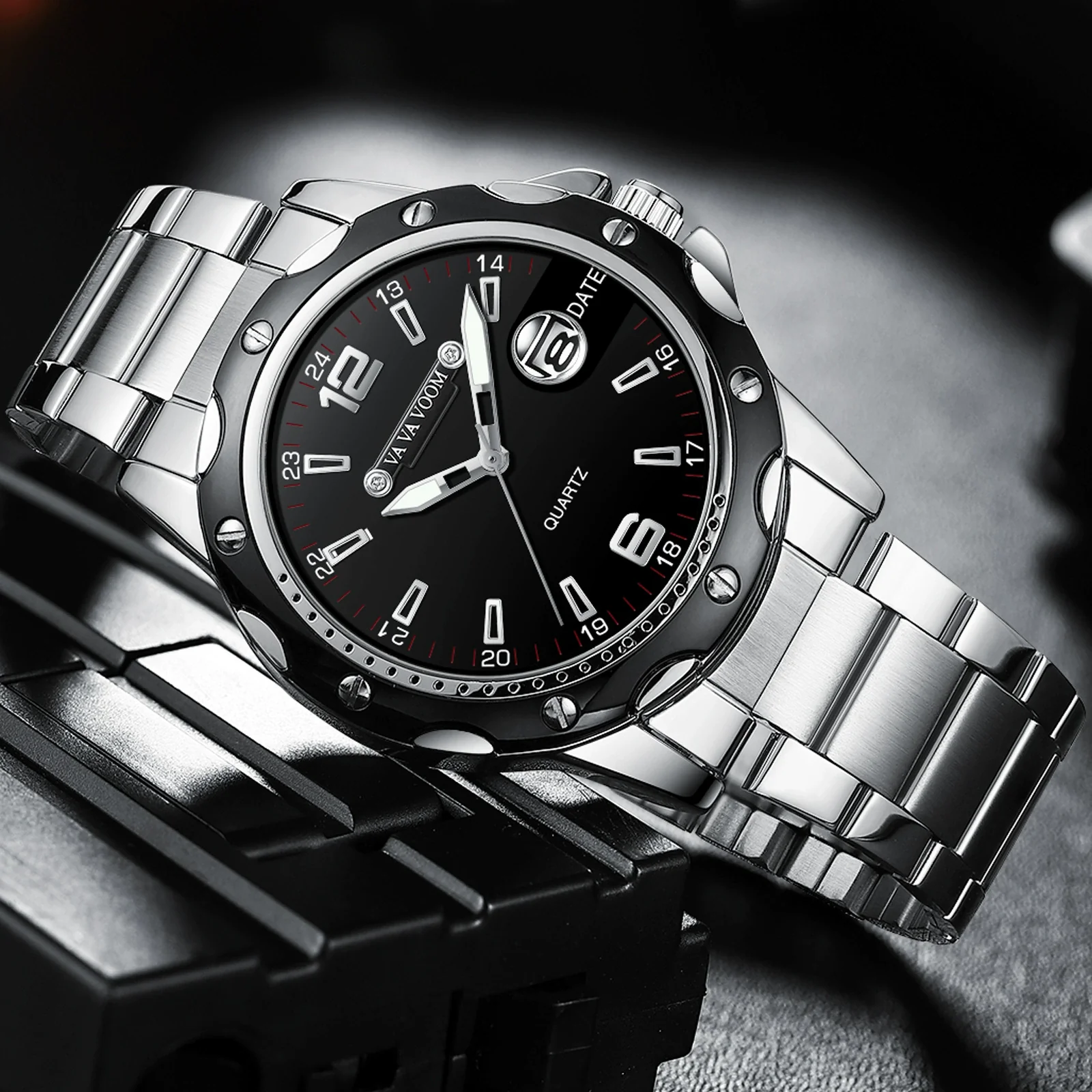 Men's Alloy Case Stainless Steel Belt Quartz Sports Watch With Magnifier Calendar Luminous Feature And Mineral Strengthened Glass Mirror - Image 2