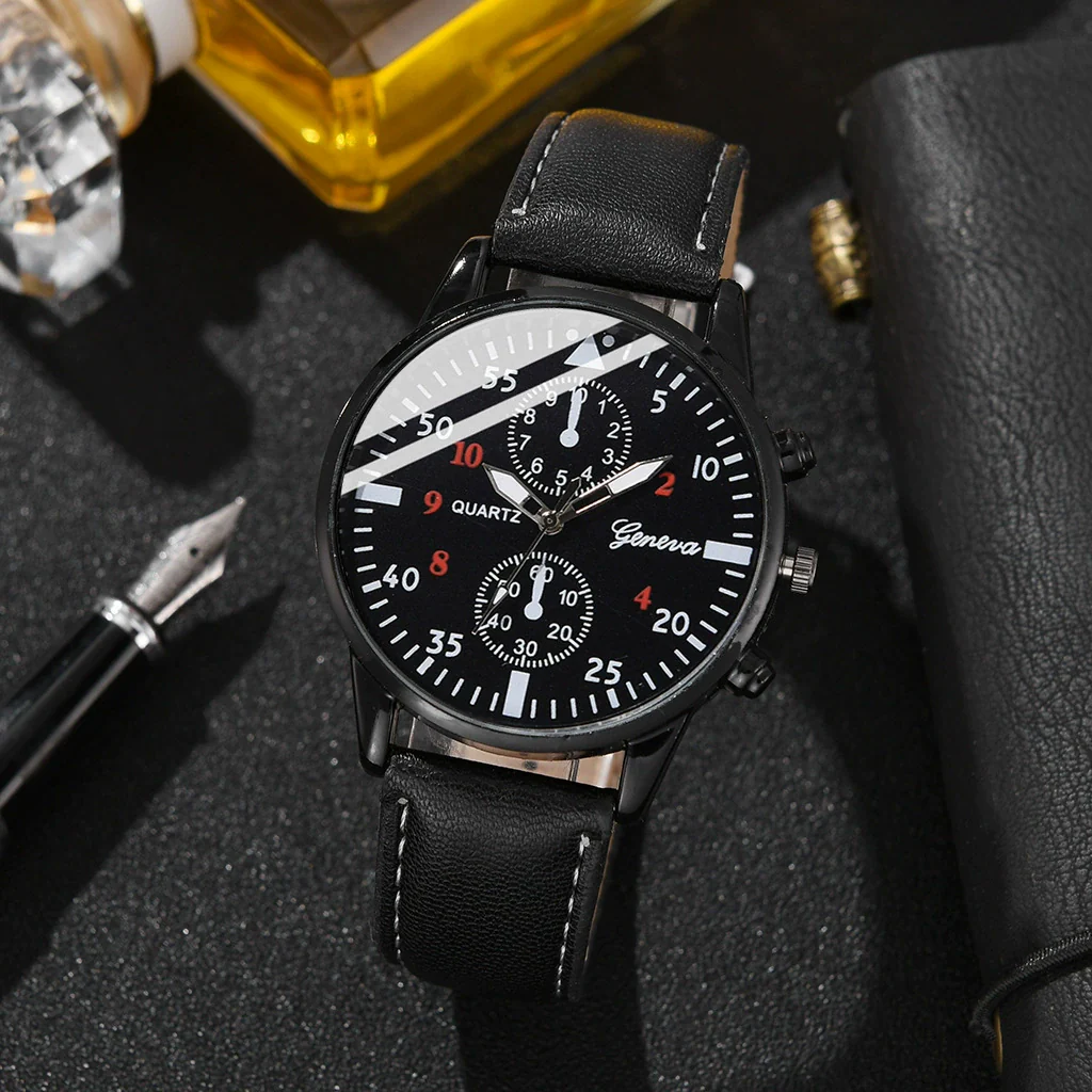 Men's Alloy Case Stainless Steel Buckle Imitation Leather Strap Round Dial Belt Watch - Image 3